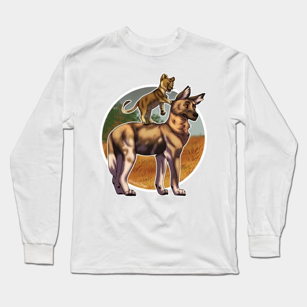 Lion and African Wild Dog Friends Long Sleeve T-Shirt by SakuraDragon